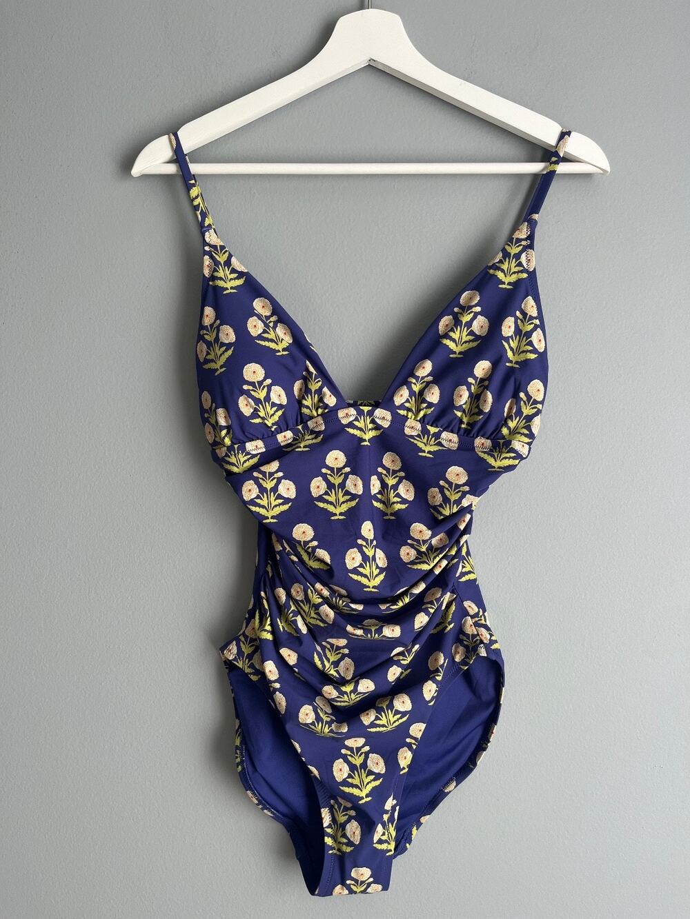 J.Crew NWT $128 Women's Ruched Plunge One-Piece Swimsuit Marigold Block Print 6